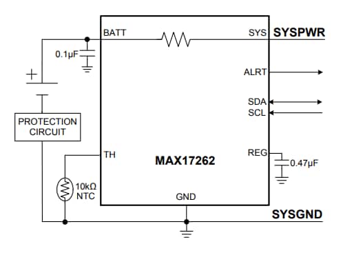 应用电路图 - Analog Devices / Maxim Integrated MAX17262单节电池电量计IC